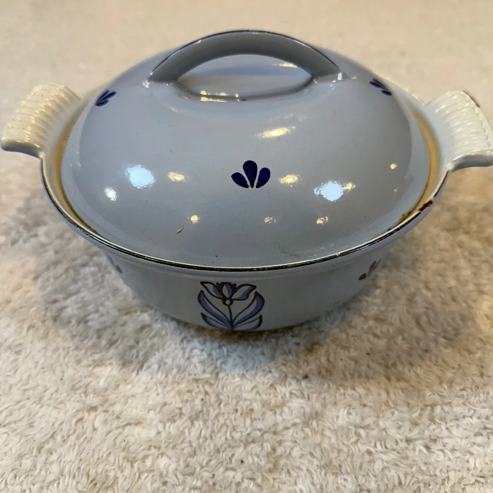 Vintage Holland Enamelware Casserole Dish with Lid Blue Tulip Floral 7.5 Inch